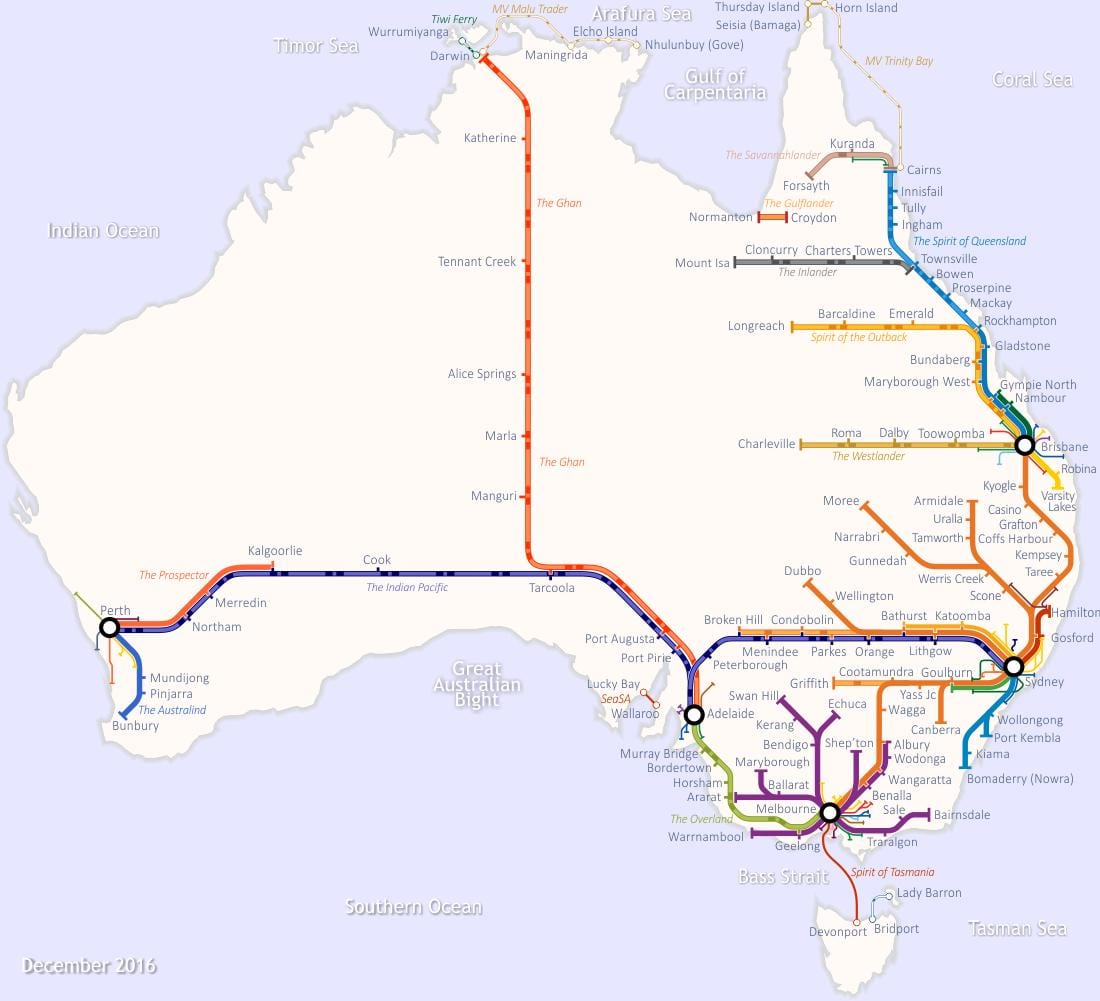 železniční mapa Austrálie