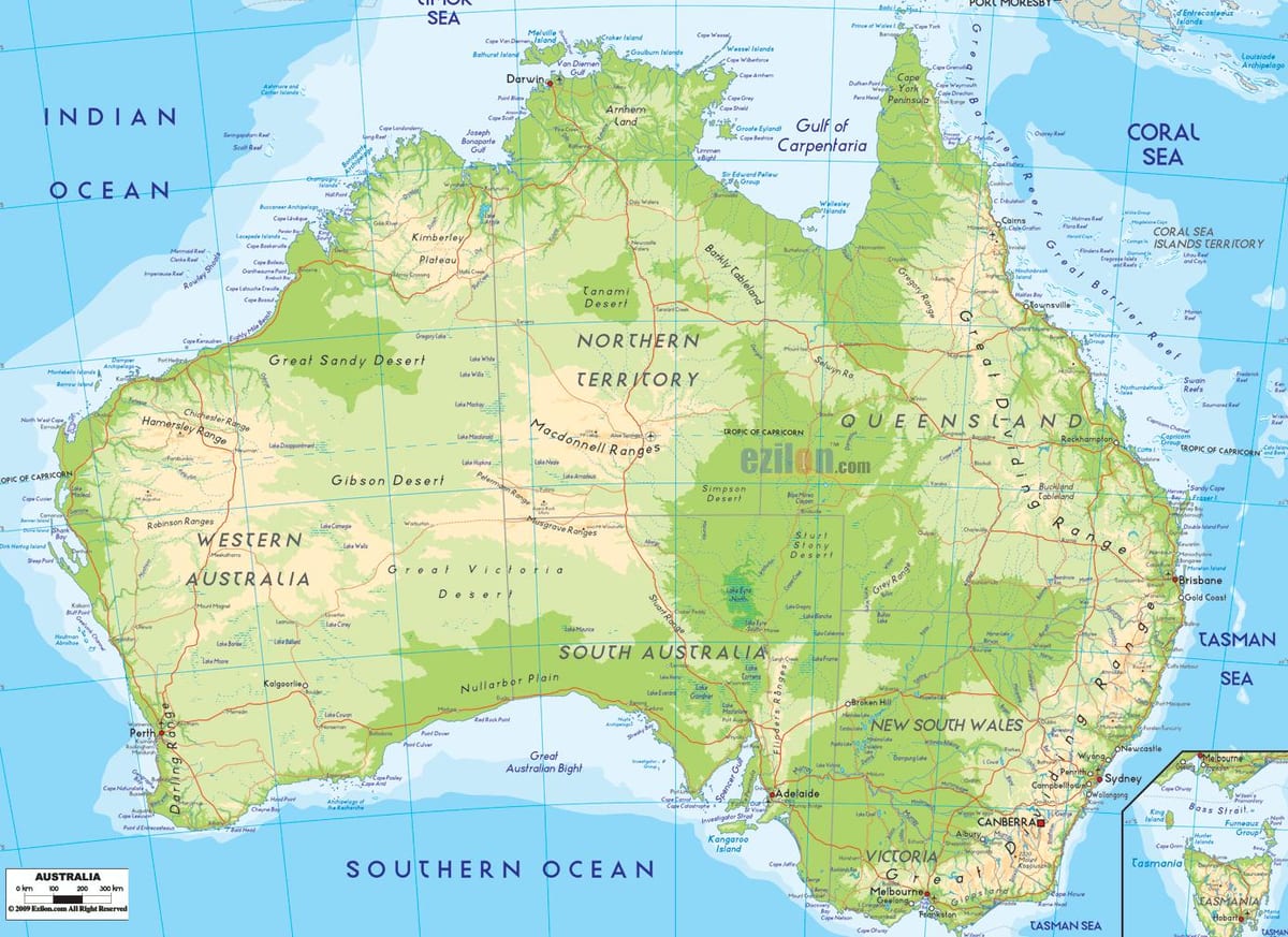 fyzická mapa Austrálie