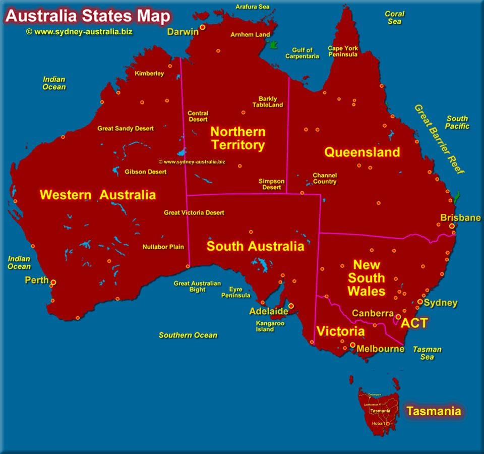 mapa Austrálie zobrazující státy