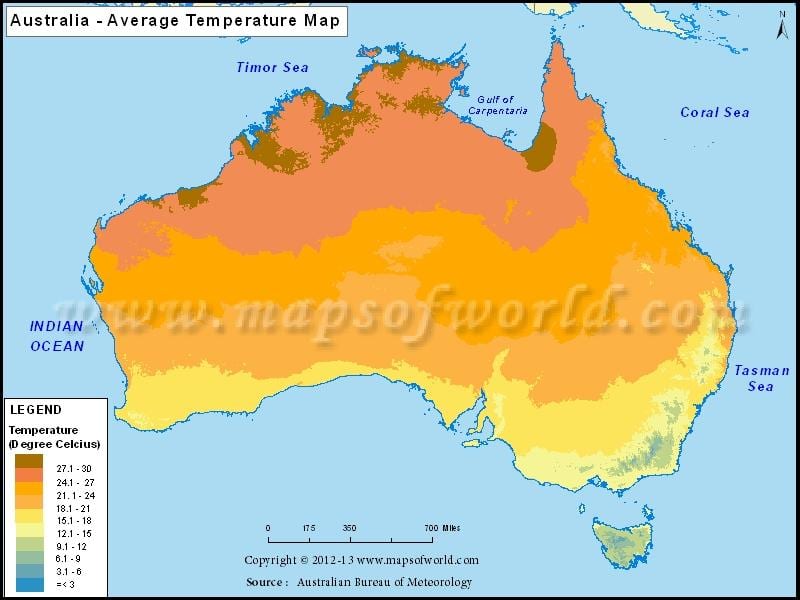 teplotní mapa Austrálie