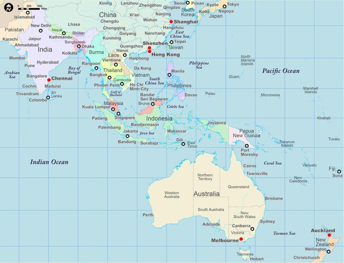 asie a Austrálie mapa