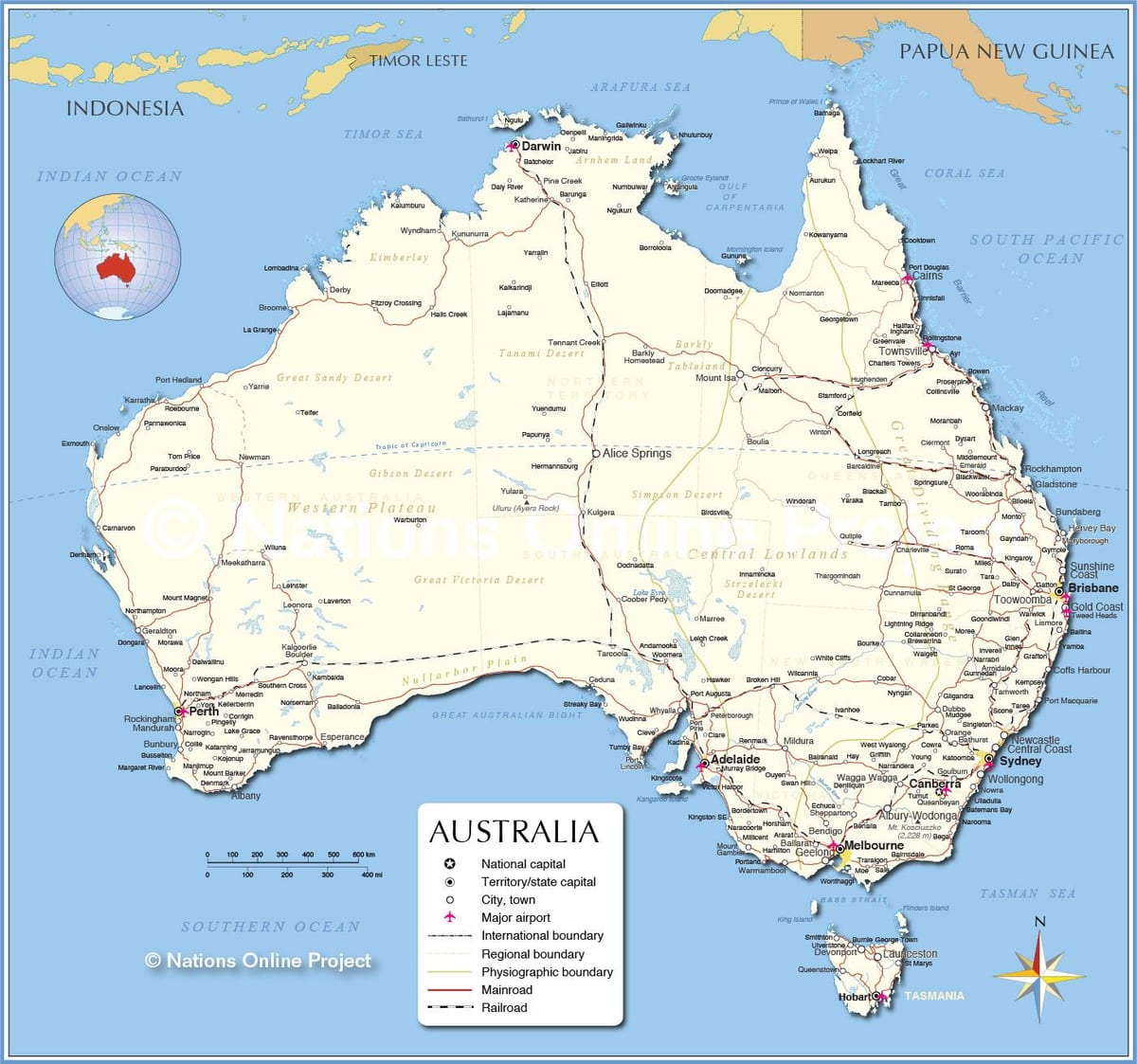Austrálie mapa s městy