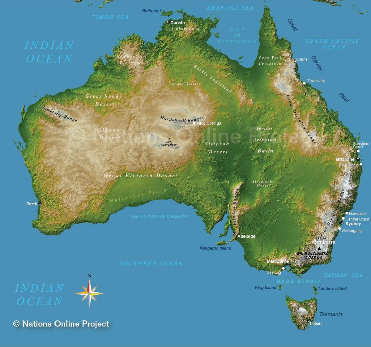 výšková mapa Austrálie