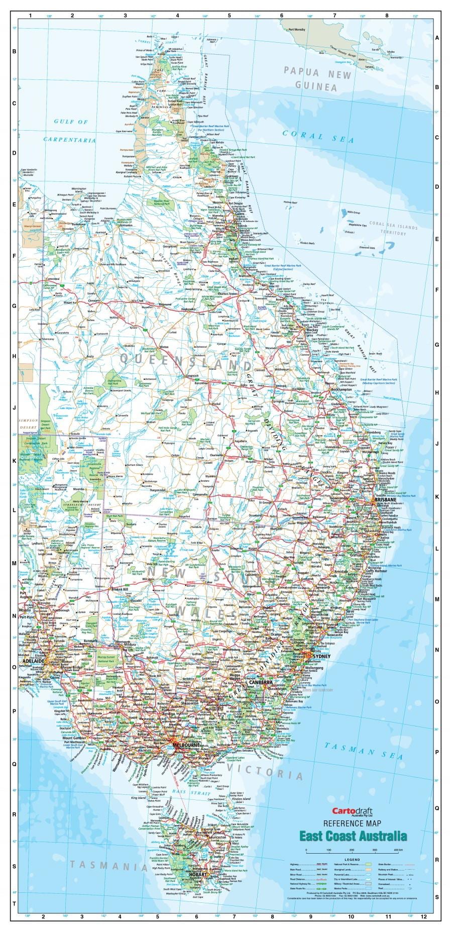 mapa Východní Pobřeží Austrálie