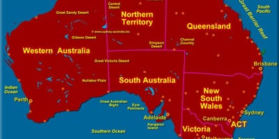 Mapa Austrálie zobrazující státy